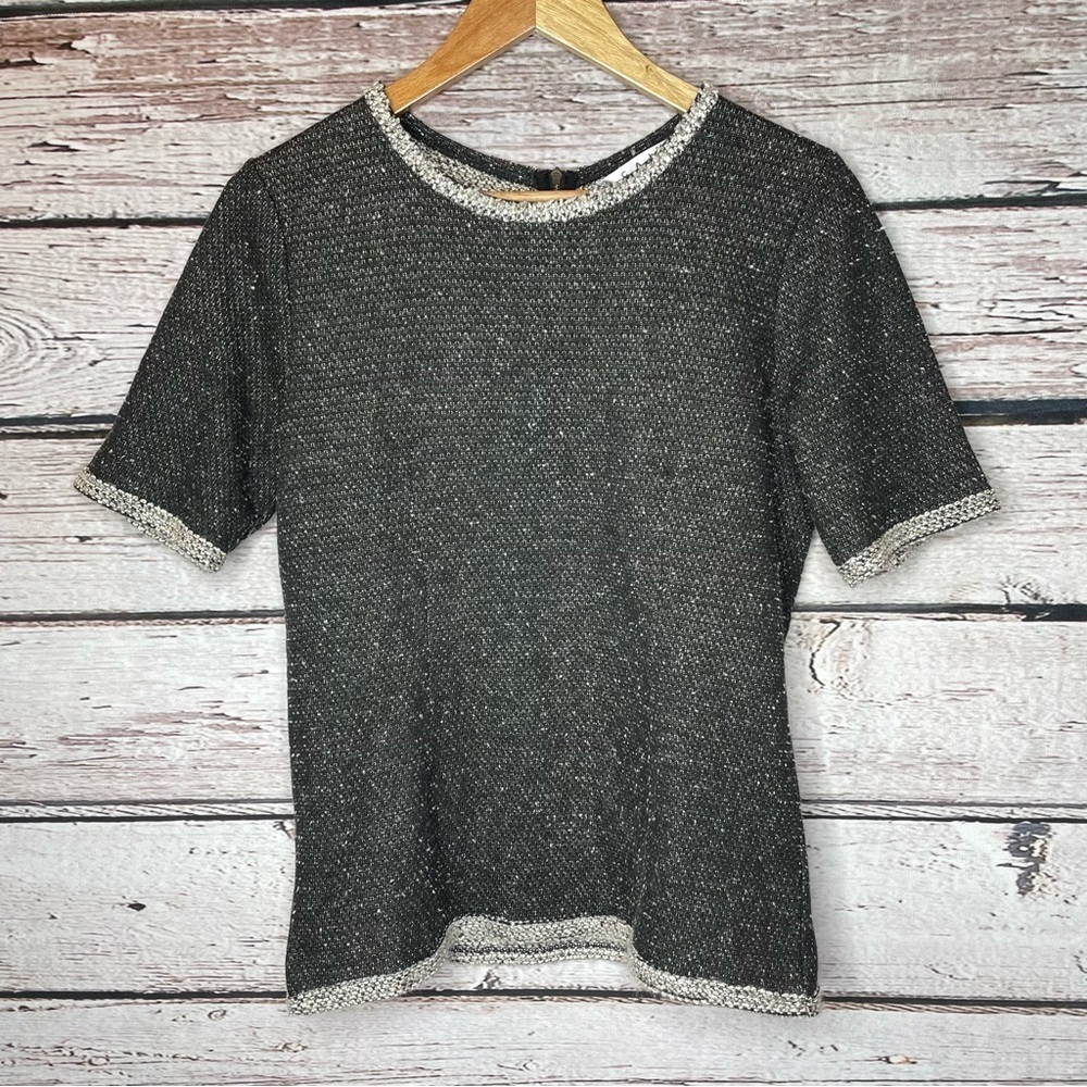 CAbi Style #542 Coco Shell Tweed Knit Short Sleeve Top Size Medium Charcoal Gray